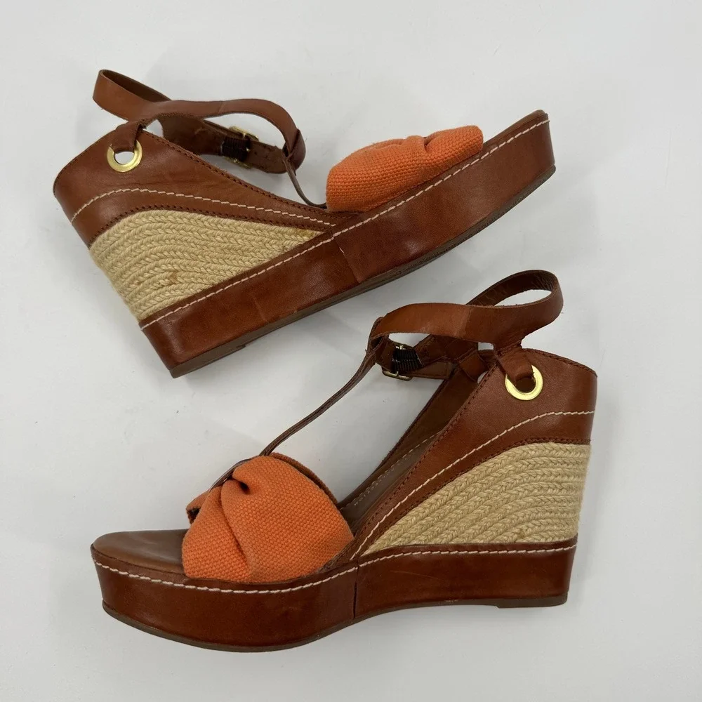 Franco Sarto Riviera Wedge Sandal Womens 8.5 Brown Orange Leather Bow Espadrille